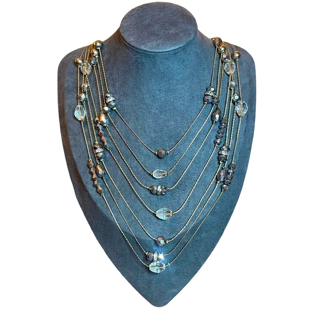 Gold Tone Chain Layered Waterfall Necklace‎ With Faceted & Paved Glass Crystals